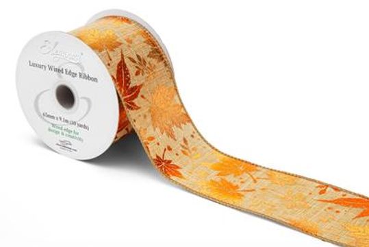 Eleganza Wired Edge Burlap Gilded Autumn Leaves 63mm x 9.1m No.489 - Christmas Ribbon